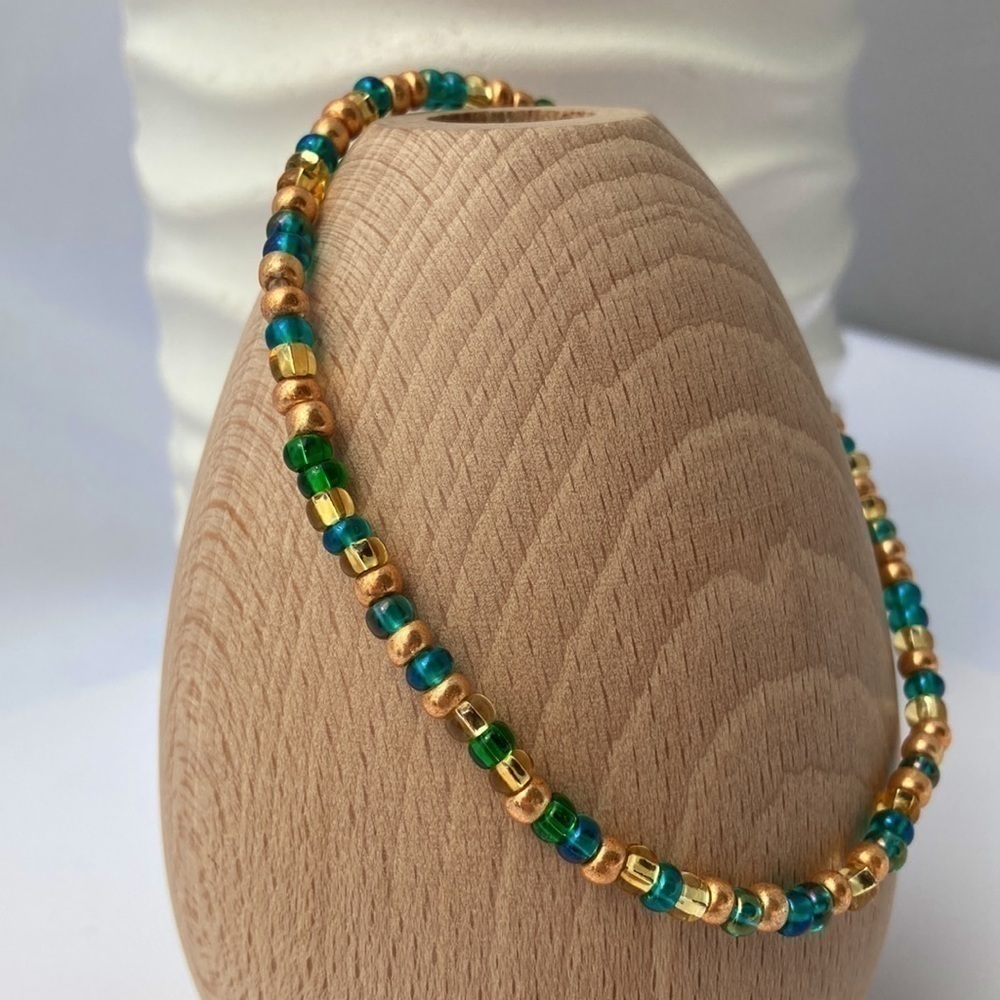 Green Blue Gold Czech Beaded Stretch Anklet